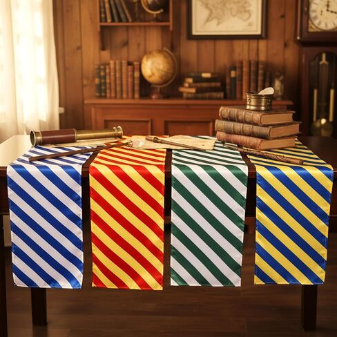 Hahafelt 4 Pcs Wizard Table Runner Red Golden Green Blue Stripes Party Decoration Witch Birthday Dining Room Home Kitchen Island Decor Table Cover Runner Themed Party Supplies in Saudi Arabia