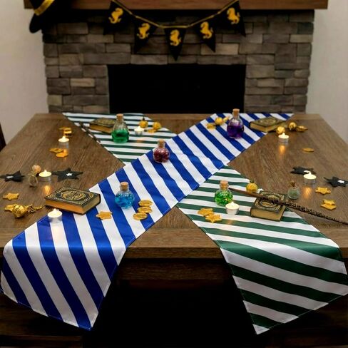 Hahafelt 4 Pcs Wizard Table Runner Red Golden Green Blue Stripes Party Decoration Witch Birthday Dining Room Home Kitchen Island Decor Table Cover Runner Themed Party Supplies in Saudi Arabia
