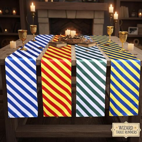 Hahafelt 4 Pcs Wizard Table Runner Red Golden Green Blue Stripes Party Decoration Witch Birthday Dining Room Home Kitchen Island Decor Table Cover Runner Themed Party Supplies in Saudi Arabia