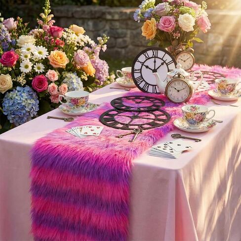 Frienda Wonderland Tea Party الديكور 12 × 63 بوصة الوردي مخطط الجدول عداء العجائب حديقة الشاي حزب الزينة الوردي محشوة الجدول عداء لحديقة عيد ميلاد الطفل دش لوازم صور الدعائم in Saudi Arabia