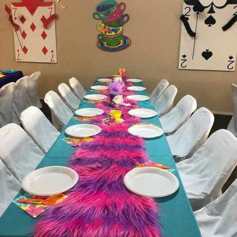 Frienda Wonderland Tea Party الديكور 12 × 63 بوصة الوردي مخطط الجدول عداء العجائب حديقة الشاي حزب الزينة الوردي محشوة الجدول عداء لحديقة عيد ميلاد الطفل دش لوازم صور الدعائم in Saudi Arabia