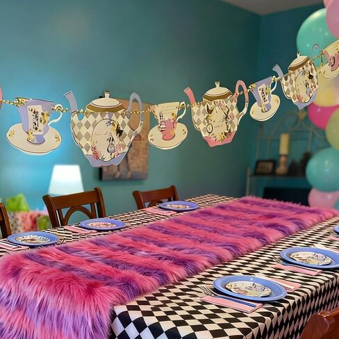 Frienda Wonderland Tea Party الديكور 12 × 63 بوصة الوردي مخطط الجدول عداء العجائب حديقة الشاي حزب الزينة الوردي محشوة الجدول عداء لحديقة عيد ميلاد الطفل دش لوازم صور الدعائم in Saudi Arabia