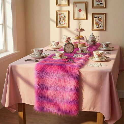 Frienda Wonderland Tea Party الديكور 12 × 63 بوصة الوردي مخطط الجدول عداء العجائب حديقة الشاي حزب الزينة الوردي محشوة الجدول عداء لحديقة عيد ميلاد الطفل دش لوازم صور الدعائم in Saudi Arabia