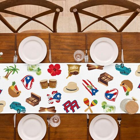Puerto Rico Table Runner Puerto Rican Birthday Party Decoration National Day Patriotic Dining Room Home Kitchen Island Decor (13" x 72", Pattern-1) in Saudi Arabia