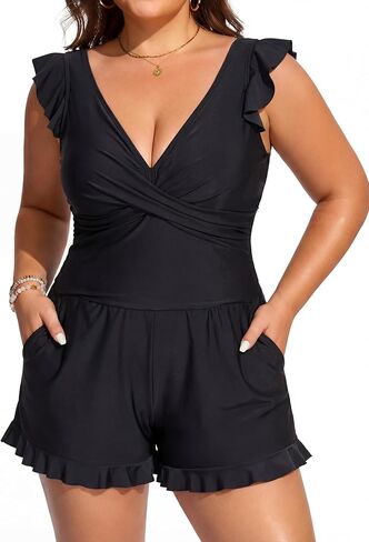 Smismivo Plus Size Swim Romper One Piece Swimsuit Women Full Coverage Bathing Suit with Pockets Modest Swimwear 2026 in Saudi Arabia