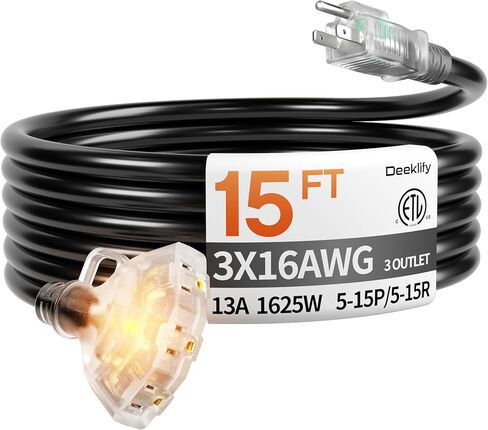 50 قدم 16/3 awg 3 منافذ تمديد سلك مقسم مع مؤشر، سلك تمديد خارجي مقاوم للماء مع منافذ متعددة، 13 أمبير 1625 وات للمنزل وورشة العمل، قائمة ETL، أسود SJTW in Kuwait