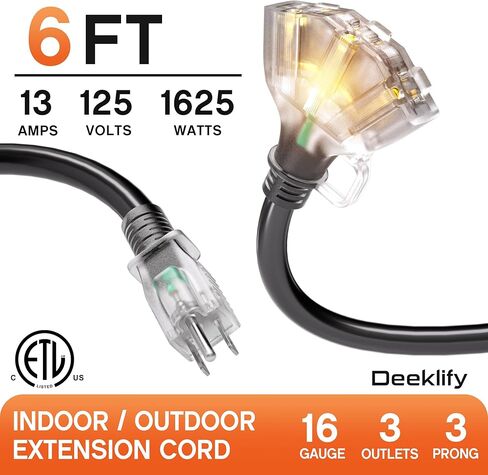 50 ft 16/3 awg 3 Outlet Extension Cord Splitter with Indicator, Waterproof Outdoor Extension Cord with Multiple Outlets, 13A 1625W for Home & Workshop, ETL Listed, Black SJTW in Saudi Arabia