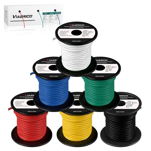 سلك VIABRICO مقاس 14 - 600 قدم، بكرة 100 قدم، 6 ألوان، ألومنيوم مغطى بالنحاس، جهد منخفض، طقم أسلاك ربط للوحة التجارب/السيارات/اصنعها بنفسك/البطارية in Kuwait
