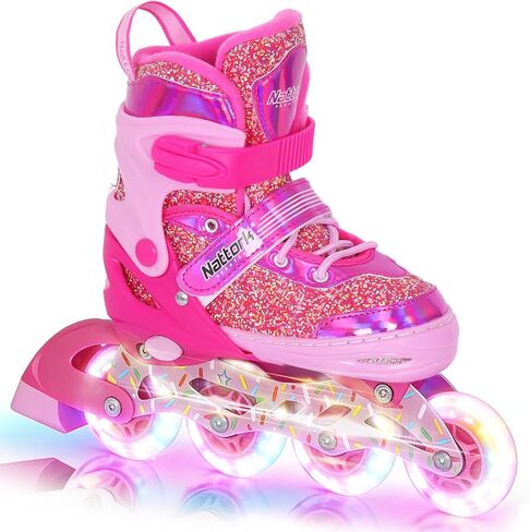 Nattork Inline Skates for Kids Girls, Adjustable Quad Skates with Light Up Wheels for Ages 3-12, Best Birthday Gift for Outdoor Sports in Saudi Arabia