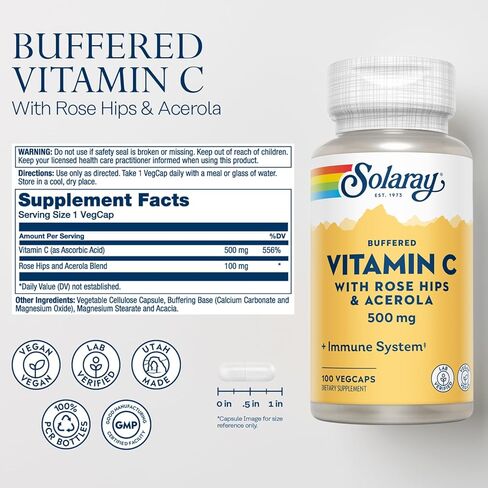 SOLARAY Buffered Vitamin C 500mg - Plus Rose HIPS and Acerola - Immune Support Supplement - Vegan, Lab Verified, 60-Day Guarantee - 100 Servings, 100 VegCaps in Saudi Arabia
