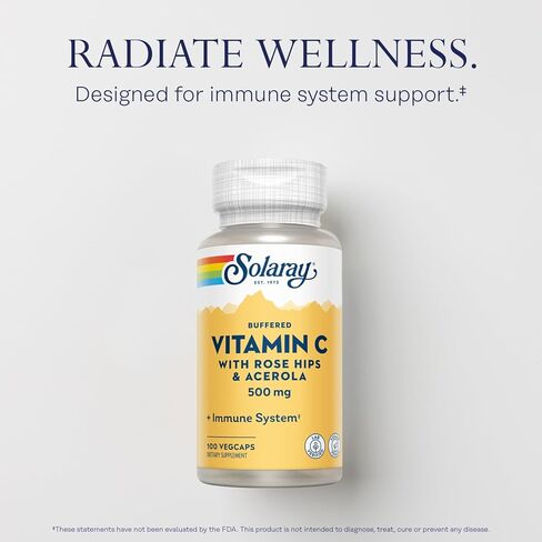 SOLARAY Buffered Vitamin C 500mg - Plus Rose HIPS and Acerola - Immune Support Supplement - Vegan, Lab Verified, 60-Day Guarantee - 100 Servings, 100 VegCaps in Saudi Arabia