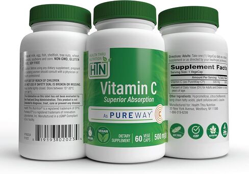 الصحة من خلال التغذية فيتامين سي 500 مجم مثل PureWay-C 60 كبسولة نباتية فائقة الامتصاص | وظيفة المناعة الصحية ودعم الكولاجين | تم اختباره من قبل طرف ثالث | نباتي، غير معدّل وراثيًا وخالي من الغلوتين in Saudi Arabia