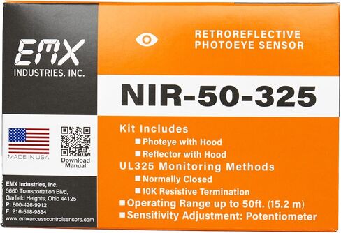 NIR-50-325 EMX UL325 مجموعة صور عاكسة للضوء بمدى 50 قدمًا وإخراج NC مراقب 10K متوافق مع مشغلي البوابة والأبواب in Saudi Arabia