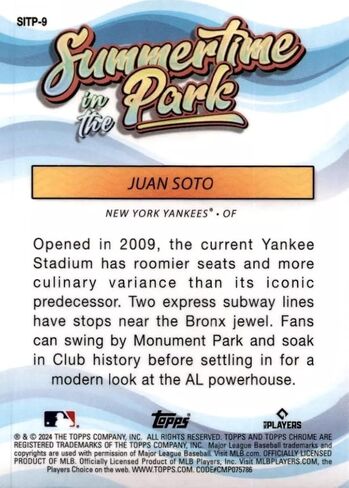 Hall of Fame Sports Memorabilia 2024 Topps Chrome Juan Soto #SITP-9 Summertime in the Park New York Yankees Baseball Card in Saudi Arabia