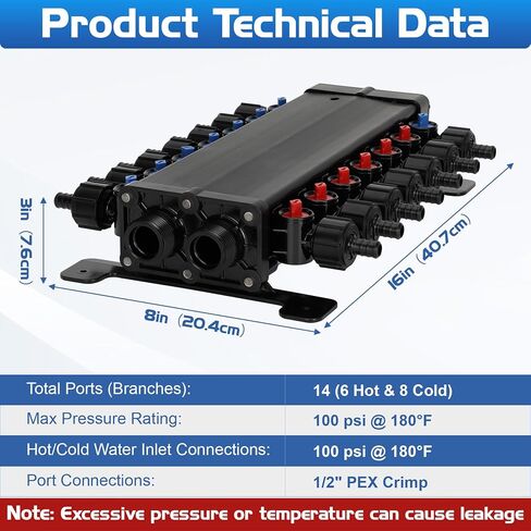 50143 Pex Manifold متوافق مع Viega Manabloc، Homerun Distribution Pex Manifold مع صمامات، 1/2 بوصة صفر رصاص بولي سبيكة PEX تجعيد مع 14 محول منفذ (8 بارد، 6 ساخن) in Kuwait