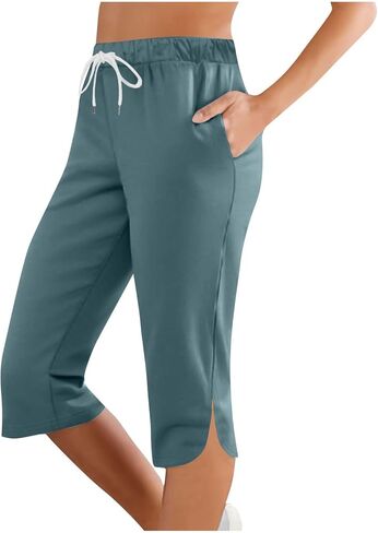 Capris for Women with Pockets Plus Size Casual Drawstring Elastic Waist Workout Yoga Pants Lightweight Lounge Trouser in Saudi Arabia