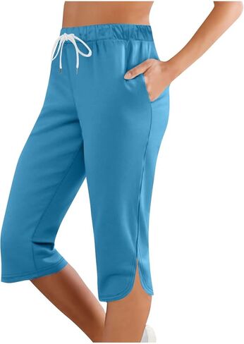 Capris for Women with Pockets Plus Size Casual Drawstring Elastic Waist Workout Yoga Pants Lightweight Lounge Trouser in Saudi Arabia