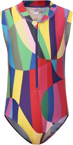 ملابس سباحة للفتيات قطعة واحدة من Rash Guard للأطفال البنات بدون أكمام لباس سباحة مع سحاب أمامي ملابس سباحة من 3 إلى 16 سنة in Kuwait