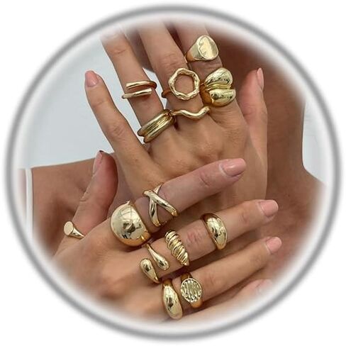 Chunky Gold Stackable Rings Set for Women,Dainty Adjustable Open Stacking Knuckle Ring Trendy Thick Dome Hollow Carved Joint Finger Midi Signet Rings Pack Statement Jewelry in Kuwait