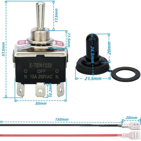 2Pcs DPDT Toggle Switch 12V 6 Pin 3 Position ON Off ON Toggle Switch 15A 250V AC with Waterproof Cap and 6.3mm Terminal Wires in Saudi Arabia
