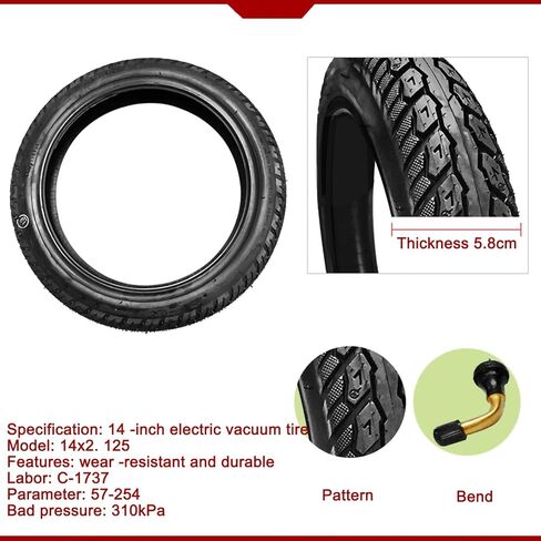 2 حزمة دراجة كهربائية 14 بوصة إطار 14x2.125 (57-254) إطار دراجة مقاوم للانفجار بدون أنبوب مقاوم للثقب إطار دراجة إلكترونية مناسب للدراجات الإلكترونية للرجال والأطفال، 44-55 رطل لكل بوصة مربعة in Kuwait