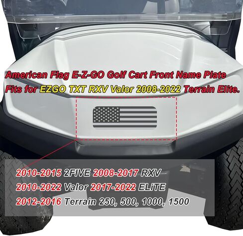 لوحة الاسم الأمامية لعربة الجولف E-Z-GO مع تصميم العلم الأمريكي باللونين الأسود والرمادي، تناسب 2014-2022 TXT، 2010-2015 2FIVE، 2008-2017 RXV، 2012-2016 Terrain، 2010-2022 Valor، و2017-2022 Elite in Kuwait