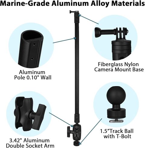 31.5" Kayak Camera Mount,360 Degree Adjustable Mount Compatible with Camera,with 1.5 Inch Ball T-Bolt Base for Most Track Systems in Saudi Arabia