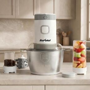 Sunvivi 4-IN-1 Food Processor: Electric Chopper for Meat Grinder, Vegetable Chopper, Juicer, Garlic Peeler & Coffee Grinder, 350W Portable Blender with 2 Speeds, Stainless Steel Bowl, 2 Cups, White in Saudi Arabia