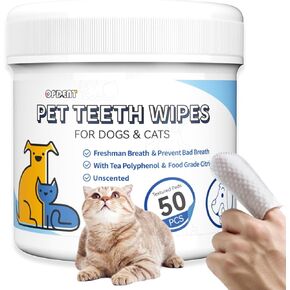 مناديل تنظيف أسنان الكلاب بدون شطف - مناديل أصابع أسنان الحيوانات الأليفة للقطط والكلاب المنعشة، مناديل مبللة لفرشاة أسنان الكلاب لسهولة إزالة البلاك والجير، تنظف التفريغ بلطف (50 قطعة، غير معطرة) in Kuwait