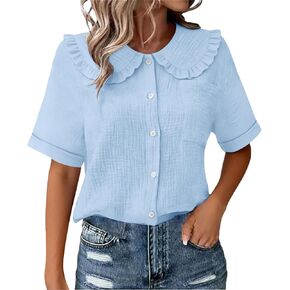 Cotton Gauze Shirts for Women Summer Button Down Blouses Cute Ruffle Collar Short Sleeve Tops Casual Vacation Outfits in Kuwait