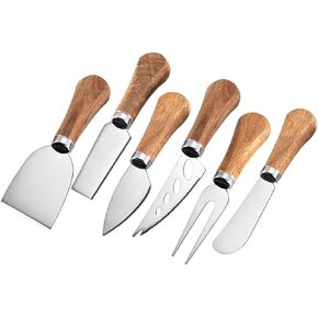 YUANQIAN Cheese Knife Set with Acacia Wood Handles - Cheese Knife, Spreader, Fork, Slicer - Mini Stainless Steel Cheese Tools for Charcuterie Boards (4Pcs/Set, S) in Kuwait