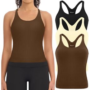 3 Pack Ribbed Workout Crop Tank Tops with Built in Bra for Women Seamless Racerback Cropped Athletic Gym Yoga Tops in Saudi Arabia