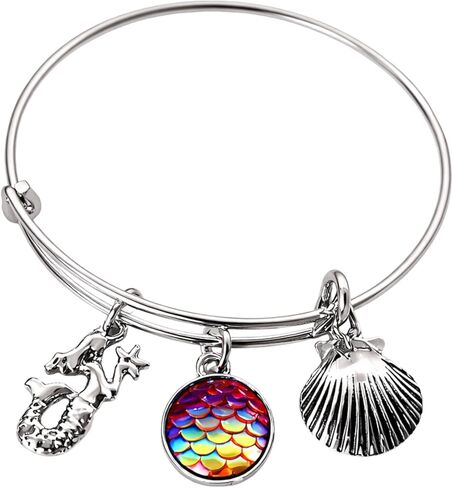 Personalized Mermaid Charm Bangle Bracelet with Engraved Name Charm, Mermaid Sequin Tail Jewelry for Girls, Teens and Women. in Saudi Arabia