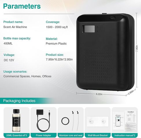 Scent Air Machine Starter Kit – Waterless Diffuser for Home & Commercial Use, Hotel Scent Diffuser Includes 100ml Essential Oil, WiFi/Bluetooth Control, 2000 sq.ft Coverage, Wall-Mount & Desktop,Black in Saudi Arabia