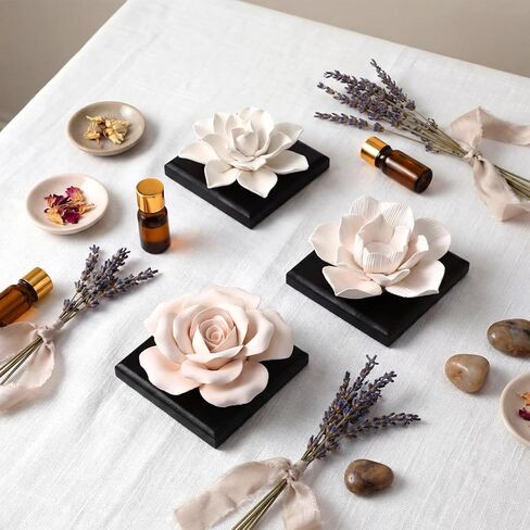 3 Pcs Passive Essential Oil Diffuser Stone Set, Magnolia Lotus Rose Flower Passive Diffusers with Wood Base for Car, Desk, Bedroom, Home Decor Gift, No Essential Oil in Kuwait