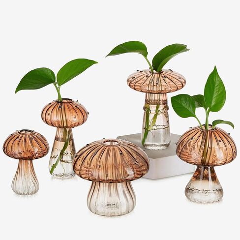 Glasseam Mushroom Plant Propagation Stations: Amber Glass Terrarium Jar Set of 10 Cute Planters for Indoor Plants Mini Propagate Station Unique Christmas Birthday Gifts for Women Home Office Decor in Saudi Arabia