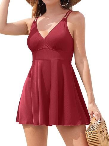 SHEKINI Women One Piece V Neck Swim Dress Ribbed Tummy Control Back Cutout Spaghetti Strap Skirted Bathing Suit in Saudi Arabia