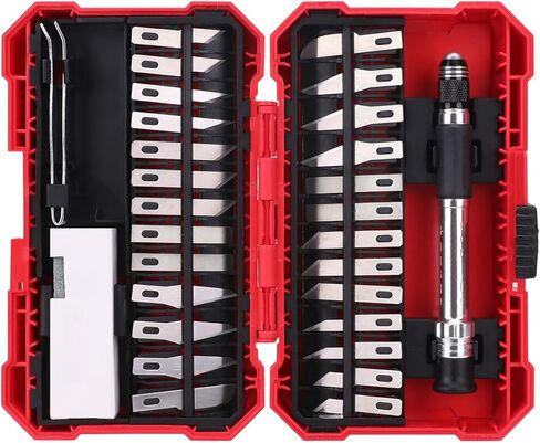 Amazon Basics 29-Piece Precision Hobby Knife Set with Razor-Sharp Blades, Modeling Tools, Anti-Slip Rubber Grip, Black, Silver, Red in Saudi Arabia