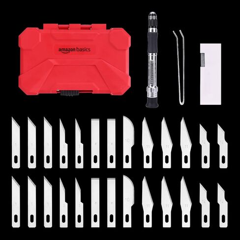 Amazon Basics 29-Piece Precision Hobby Knife Set with Razor-Sharp Blades, Modeling Tools, Anti-Slip Rubber Grip, Black, Silver, Red in Saudi Arabia