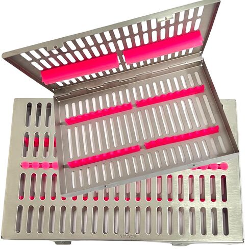 20 Instrument Sterilization Cassette with Removable Silicone Inserts | 11"L x 7"W x 1.25"H | Dental Hanpiece Sterilization Box | German Stainless Steel CE (20 Slot Pink) in Kuwait