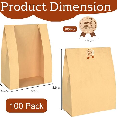 ZENFUN 100 Pack Paper Bread Bags with Stickers, 12.6 x 8.3 x 4 Inch Sourdough Bags with Clear Window, Large Kraft Bakery Bag for Storing Loaves&Snacks, Cookies, Donuts, Food Packaging in Saudi Arabia