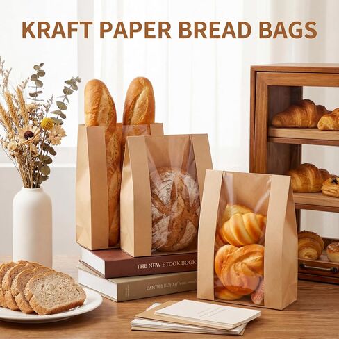 ZENFUN 100 Pack Paper Bread Bags with Stickers, 12.6 x 8.3 x 4 Inch Sourdough Bags with Clear Window, Large Kraft Bakery Bag for Storing Loaves&Snacks, Cookies, Donuts, Food Packaging in Saudi Arabia
