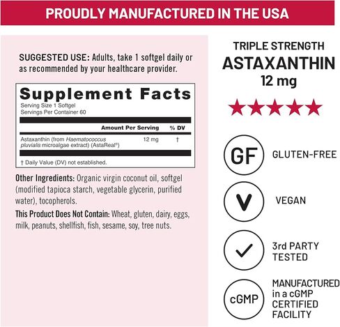 NatureWise Triple Strength Astaxanthin 12mg with AstaReal® - Vegan Antioxidant Supplement with Organic Coconut Oil - NSF Certified Gluten Free, Non-GMO - 60 Softgels[60 Day Supply] in Saudi Arabia