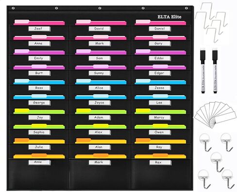 30 Folders Hanging Wall Organizer, 42" W x 47" H, Wall Mount or Door/Rod Mount, For Files, assignments, School, Office, College, Classroom, Dorm, Storage + Wall Mounting Hardware & Labels Included in Kuwait
