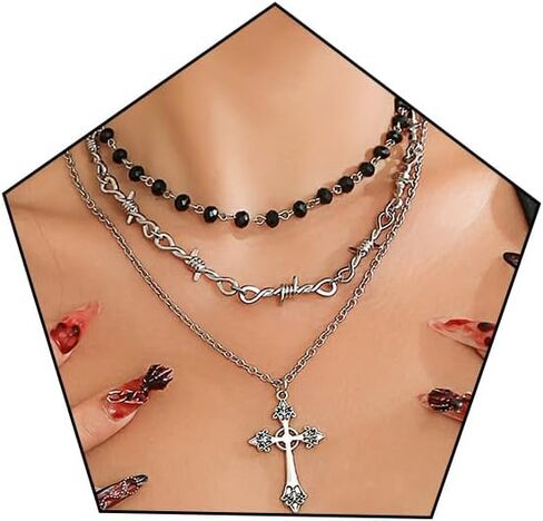 LAKIYOYO القوطية الصليب الطبقات قلادة القوطي الأسود حبة الصليب قلادة قلادة متعدد الطبقات الرجعية Y2k الشرير هالوين مجوهرات هدية للنساء in Kuwait
