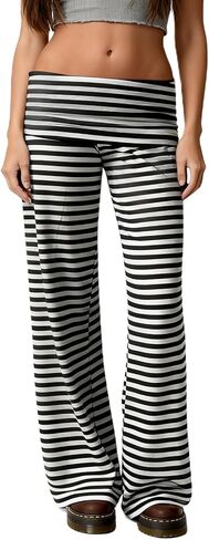 Foidiccx Women Striped Fold Over Lounge Pants Y2k Foldover Comfy Wide Leg Trousers Elastic Waist Low Rise Yoga Stretchy Pants in Saudi Arabia