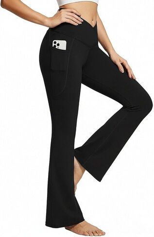 Women's High Waisted Bootcut Yoga Pants with Pockets, V Crossover Flare Leg Workout Gym Bell Bottom Leggings in Kuwait