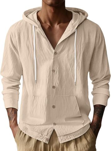 Linen Shirts for Men Casual Long Sleeve Button Down Shirts with Pocket Hoodies Shirt Lightweight Fashion Tops Vacation in Saudi Arabia