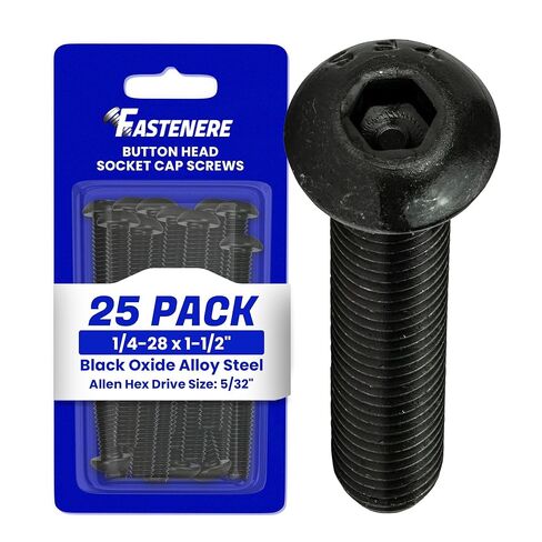 Fastenere Button Head Socket Cap Screws - 1/4-28 x 1-1/2" (25-Pcs) Alloy Steel, Fully Threaded, Fine Black Oxide Finish, Corrosion-Resistant, Machine Thread, Easy to Install w/Allen Hex Drive in Saudi Arabia