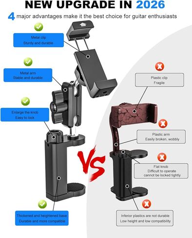 حامل هاتف جيتار - ذراع معدني قابل للتعديل، حامل هاتف جيتار للجيتار والقيثارة والباس والجيتار الكهربائي، يناسب iPhone 17 Pro Max 16 15 Plus، لتسجيل الفيديو والتعليم عبر الإنترنت in Kuwait